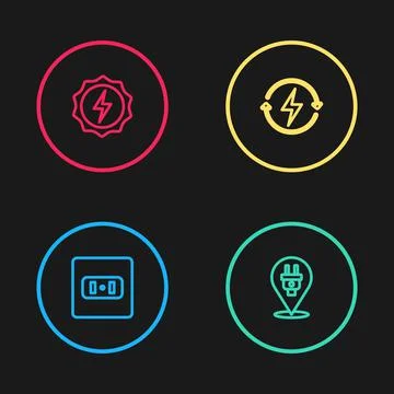 Set line Electrical outlet, plug, Recharging and Lightning bolt icon. Vector Stock Illustration