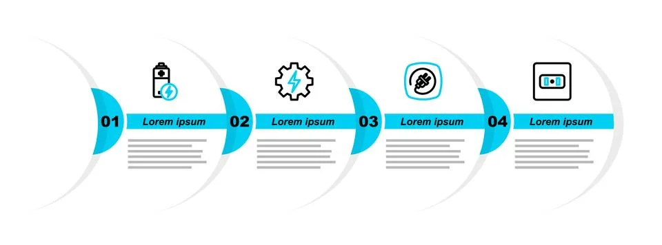 Set line Electrical outlet, plug, Gear and lightning and Battery icon. Vector Stock Illustration
