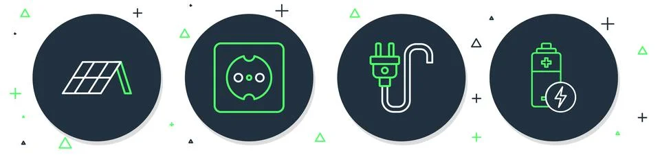 Set line Electrical outlet, plug, Solar energy panel and Battery icon. Vector Illustrazione stock