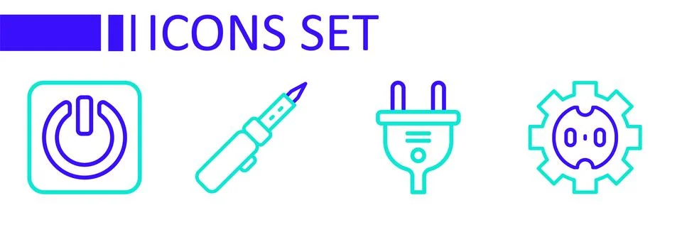 Set line Electrical outlet, plug, Soldering iron and Power button icon. Vecto Illustrazione stock