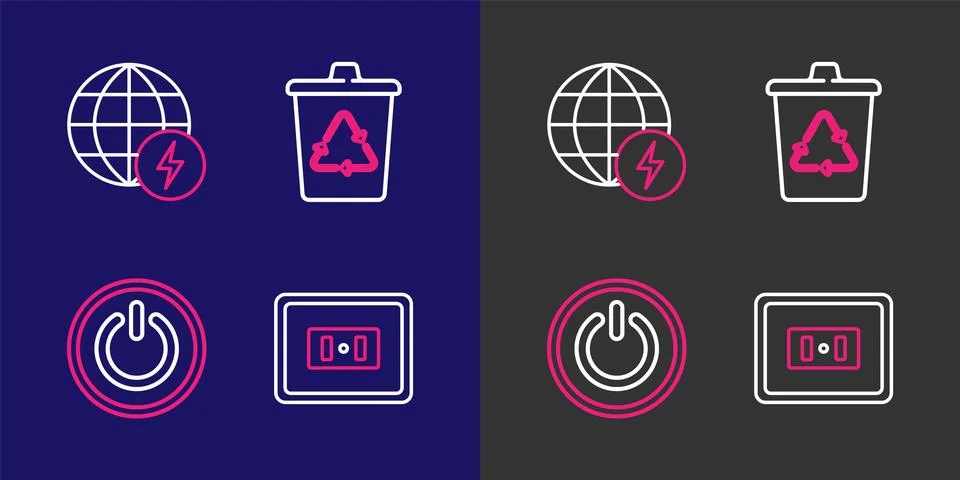 Set line Electrical outlet, Power button, Recycle bin with recycle and Glob.. Stock Illustration
