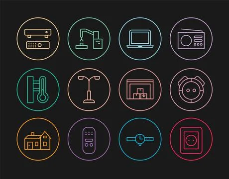 Set line Electrical outlet, Robot vacuum cleaner, Laptop, Street light Illustrazione stock