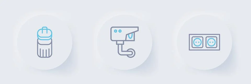 Set line Electrical outlet, Security camera and Trash can icon. Vector Stock Illustration