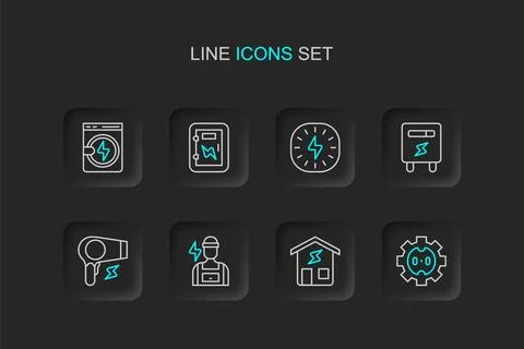 Set line Electrical outlet, Smart home, Electrician, Hair dryer, meter, Lig.. Stock Illustration