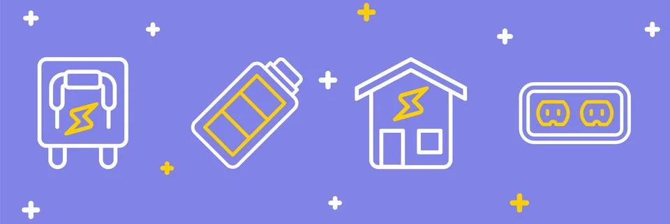 Set line Electrical outlet, Smart home, Battery charge and panel icon. Vector Stock Illustration