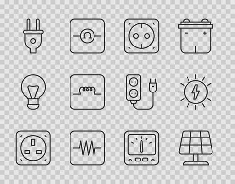 Set line Electrical outlet, Solar energy panel, Resistor in electronic circuit Illustrazione stock