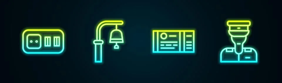 Set line Electrical outlet, Train station bell, ticket and conductor. Glowing Stock Illustration