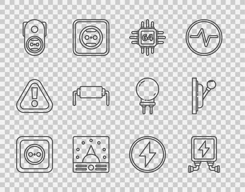 Set line Electrical outlet, transformer, Processor with microcircuits CPU Stock Illustration