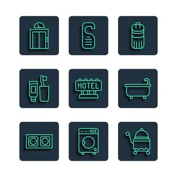 Set line Electrical outlet, Washer, Covered with tray, Trash can, Signboard.. Ilustración de archivo