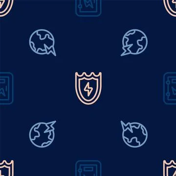 Set line Electrical panel, Global planet with thunderbolt and Lightning and Stock Illustration