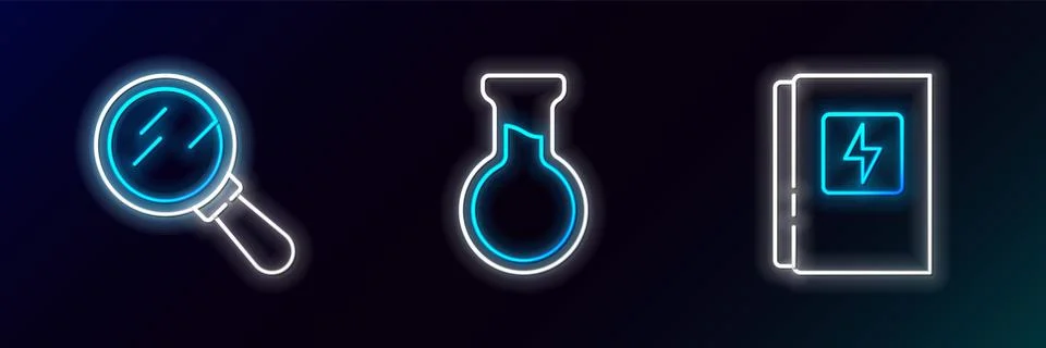 Set line Electrical panel, Magnifying glass and Test tube and flask icon Stock Illustration