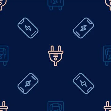 Set line Electrical panel, Mobile phone and plug on seamless pattern. Vector Illustrazione stock
