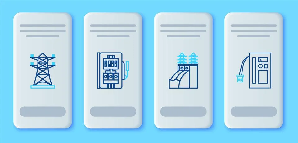 Set line Electrical panel, Nuclear power plant, High voltage pole line and Stock Illustration