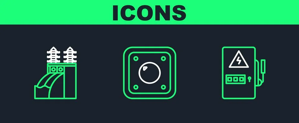 Set line Electrical panel, Nuclear power plant and light switch icon. Vector Illustrazione stock