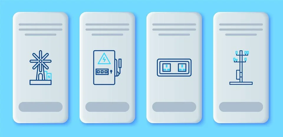 Set line Electrical panel, outlet, Wind turbine and High voltage power pole.. Stock Illustration