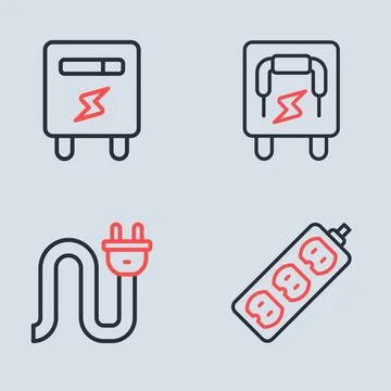 Set line Electrical panel, plug, extension and meter icon. Vector Stock Illustration