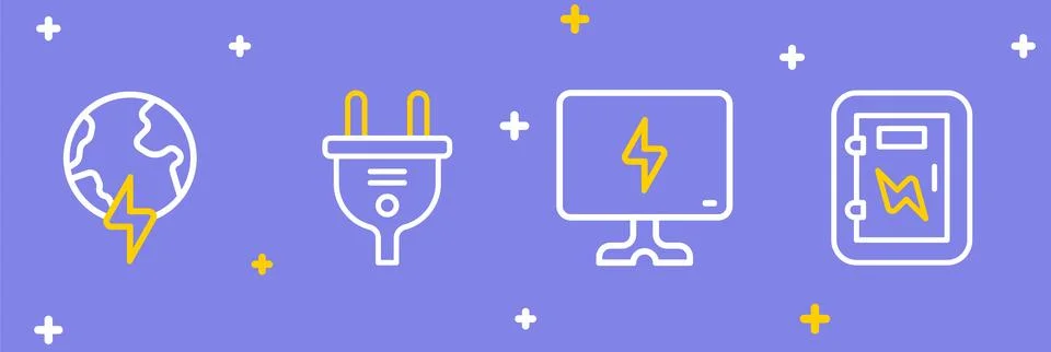 Set line Electrical panel, Smart Tv, plug and Global planet with thunderbol.. Stock Illustration