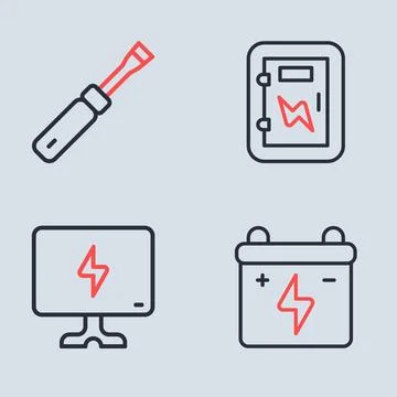Set line Electrical panel, Smart Tv, Car battery and Screwdriver icon. Vector Stock Illustration
