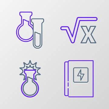 Set line Electrical panel, Test tube and flask, Square root of x glyph and .. Stock Illustration