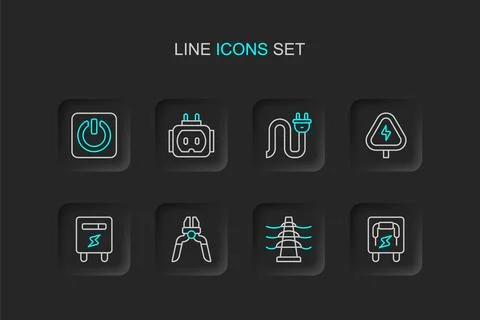 Set line Electrical panel, tower line, Pliers tool, meter, High voltage, pl.. Stock Illustration