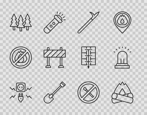 Set line Electricity spark, Campfire, Metal pike pole, Fire shovel, Forest, Road Illustration