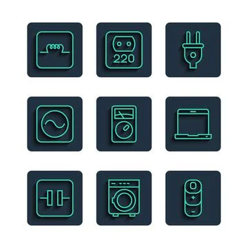 Set line Electrolytic capacitor, Washer, Battery charge, Electric plug, Amper Stock Illustration