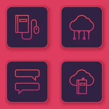 Set line Electronic book with mouse, Speech bubble chat, Network cloud Stock Illustration