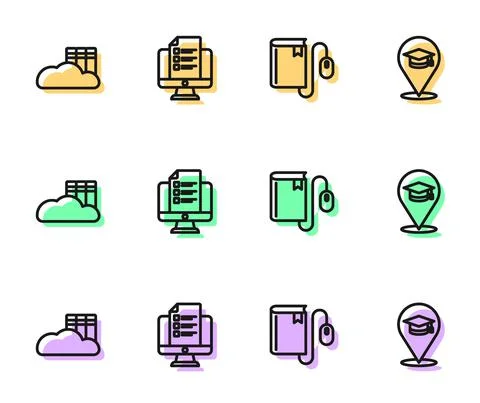 Set line Electronic book with mouse, Cloud or online library, Online quiz, test イラスト素材