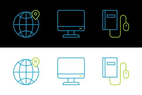 Set line Electronic book with mouse, Location the globe and Computer monitor Stock Illustration