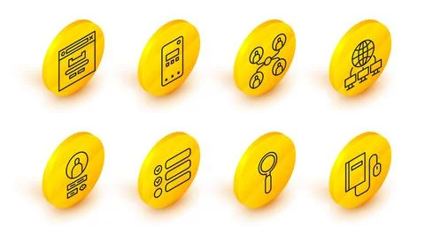 Set line Electronic book with mouse, Magnifying glass, Task list, Create ac.. Illustrazione stock