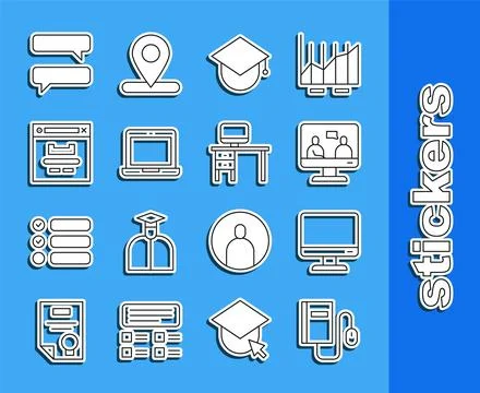 Set line Electronic book with mouse, Computer monitor screen, Online educat.. Stock Illustration