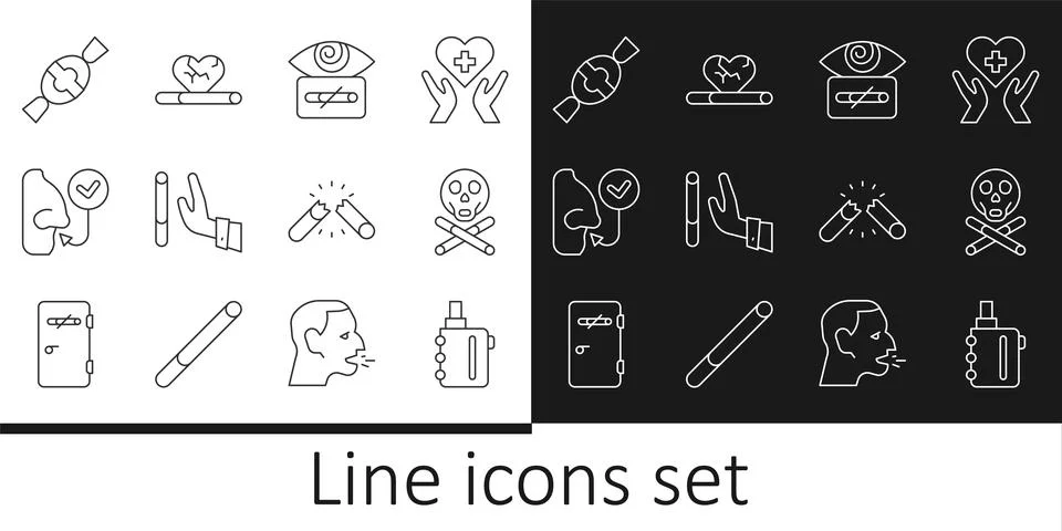 Set line Electronic cigarette, Bones and skull, Hypnosis, Giving up, Health.. Ilustração Stock