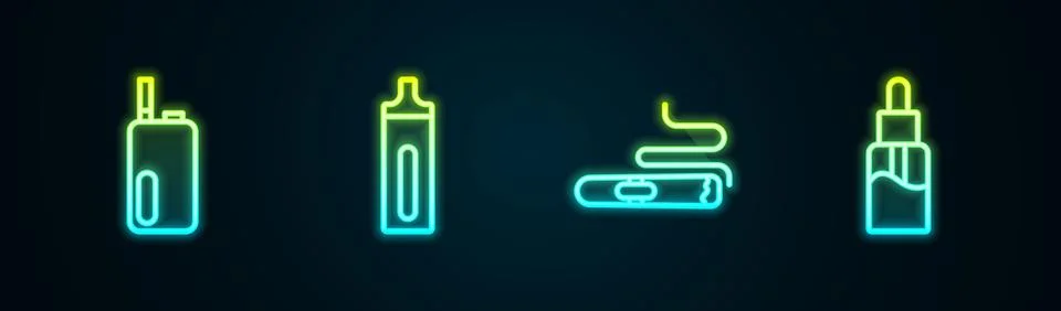 Set line Electronic cigarette, Cigar and Vape liquid bottle. Glowing neon i.. Stock Illustration