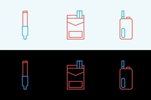Set line Electronic cigarette, Cigarette and Cigarettes pack box icon. Vector Stock Illustration