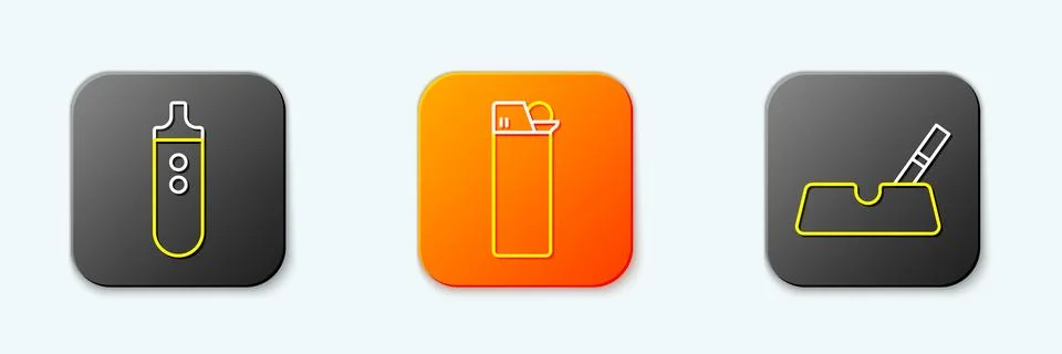 Set line Electronic cigarette, Lighter and Ashtray with icon. Vector Stock Illustration