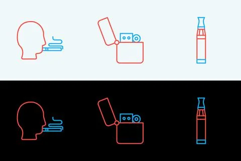 Set line Electronic cigarette, Man smoking and Lighter icon. Vector Stock Illustration