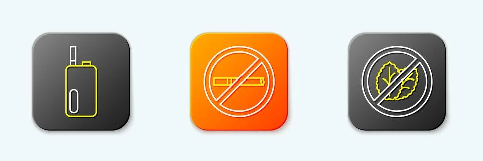 Set line Electronic cigarette, No smoking and tobacco leaf icon. Vector Stock Illustration