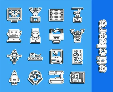 Set line Electronic computer components motherboard digital chip, Drone delivery Stock-Illustration