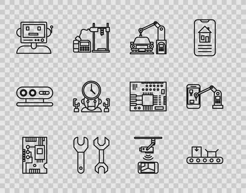 Set line Electronic computer components motherboard digital chip, Industrial イラスト素材