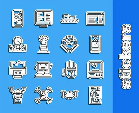 Set line Electronic computer components motherboard digital chip, 3D printer Stock Illustration