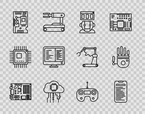Set line Electronic computer components motherboard digital chip, Computer api Stockillustratie
