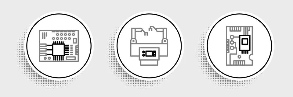 Set line Electronic computer components motherboard digital chip, Printed Stock-Illustration