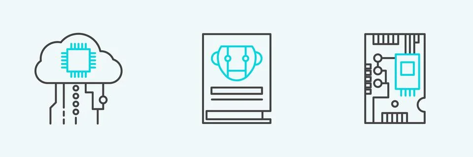 Set line Electronic computer components motherboard digital chip, Internet of Stock-Illustration