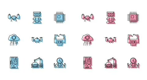 Set line Electronic computer components motherboard digital chip, Drone flyin Stock-Illustration