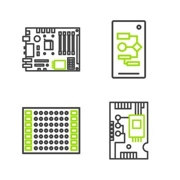 Set line Electronic computer components motherboard digital chip, Printed Illustrazione stock
