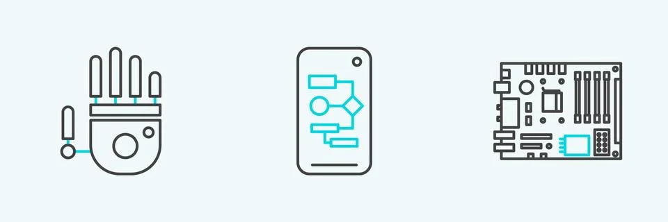 Set line Electronic computer components motherboard digital chip, Mechanical Stock Illustration