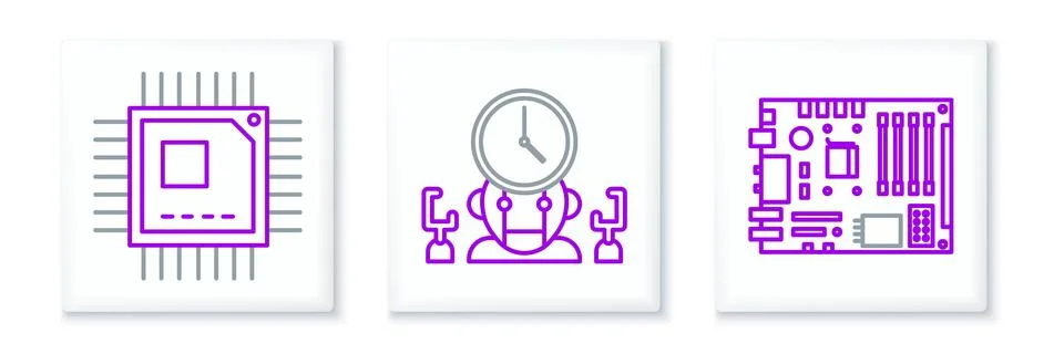 Set line Electronic computer components motherboard digital chip, Processor with Illustrazione stock