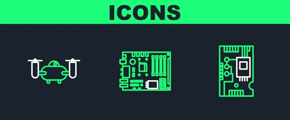 Set line Electronic computer components motherboard digital chip, Drone flying Illustrazione stock