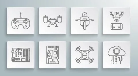 Set line Electronic computer components motherboard digital chip, Drone flying Stock Illustration