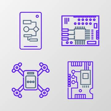 Set line Electronic computer components motherboard digital chip, Drone flying Illustrazione stock